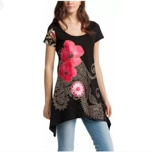 Desigual Floral‎ Black Tunic Top with Pink Accents Cotton